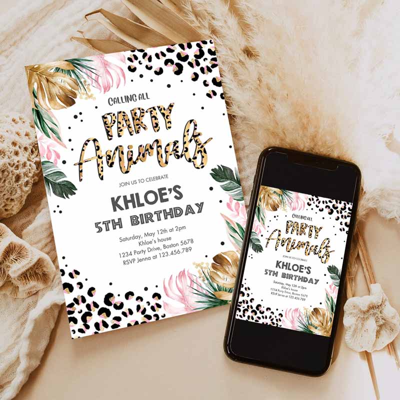 Animals Kids Birthday Invitation, Leopard Print Jungle Kids Birthday Party, Leopard Print Wild One Two Wild Kids Birthday Party