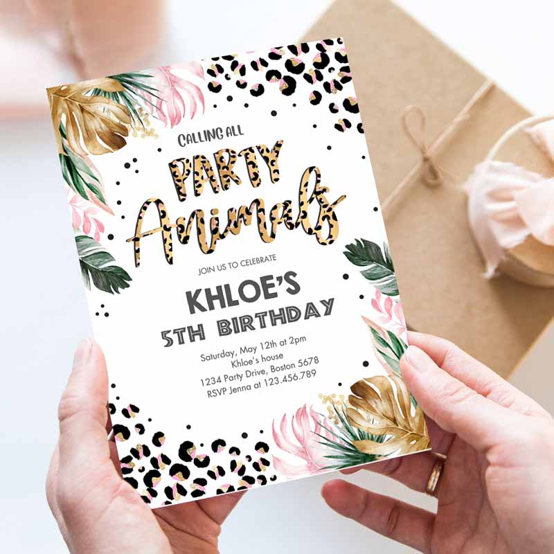 Animals Kids Birthday Invitation, Leopard Print Jungle Kids Birthday Party, Leopard Print Wild One Two Wild Kids Birthday Party