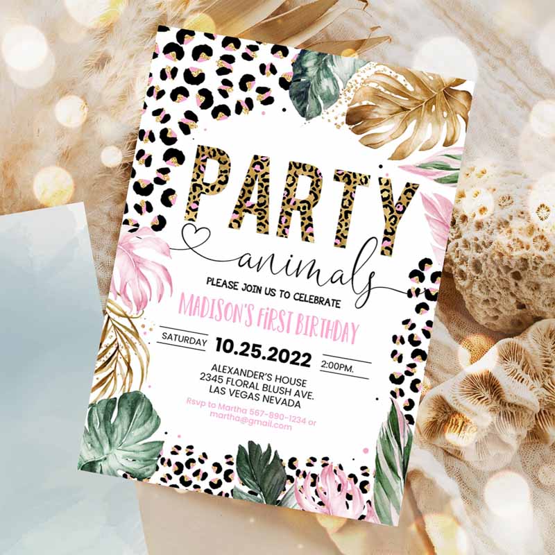 Animals Kids Birthday Invitation, Leopard Print Jungle Kids Birthday Party, Leopard Print Wild One Two Wild Invitation