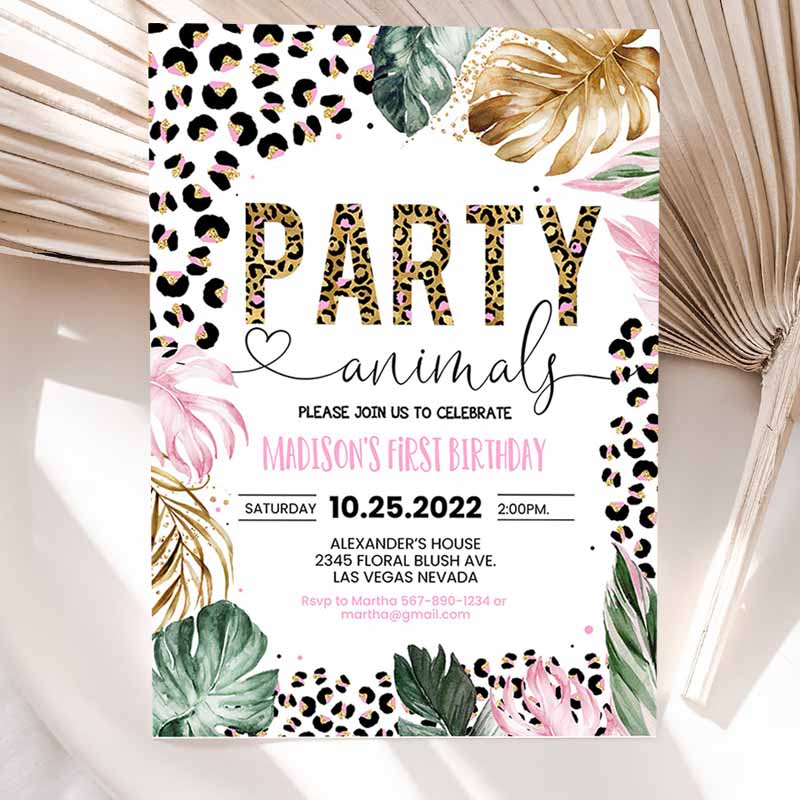 Animals Kids Birthday Invitation, Leopard Print Jungle Kids Birthday Party, Leopard Print Wild One Two Wild