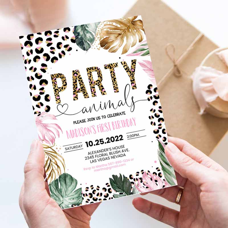 Animals Kids Birthday Invitation, Leopard Print Jungle Kids Birthday Party, Leopard Print Wild One Two Wild