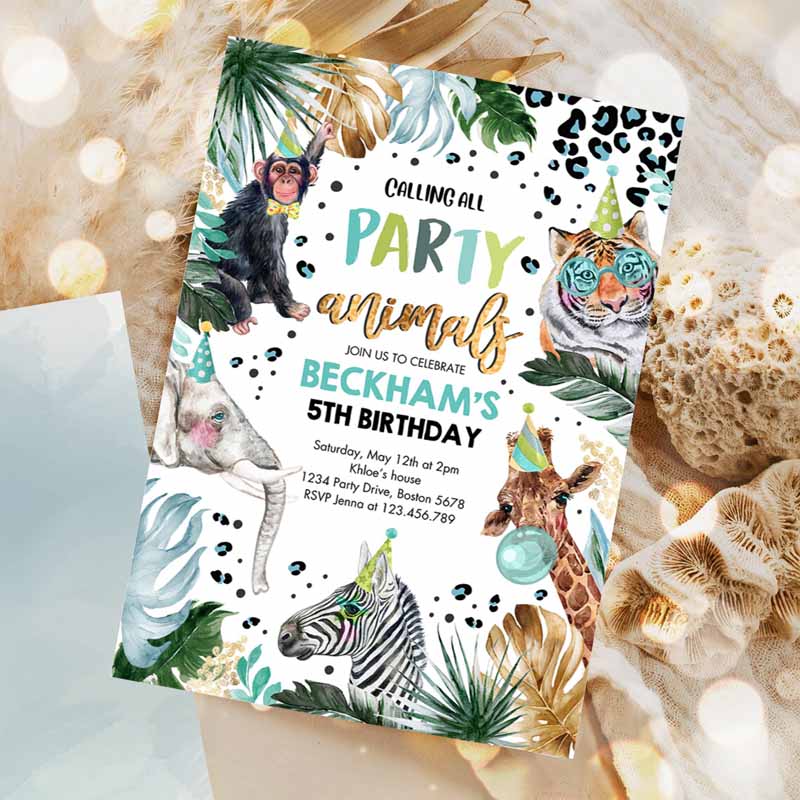 Animals Kids Birthday Invitation, Leopard Print Safari Animals Kids Birthday Invitation, Leopard Print Kids Birthday