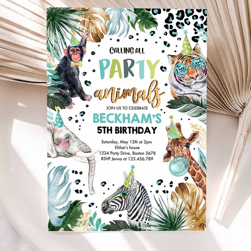 Animals Kids Birthday Invitation, Leopard Print Safari Animals Kids Birthday Invitation, Leopard Print Kids Birthday