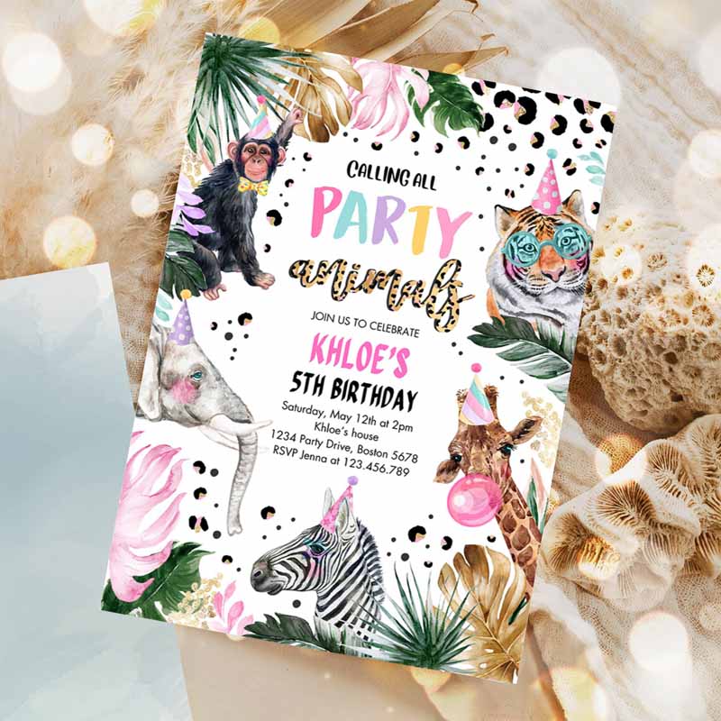 Animals Kids Birthday Invitation, Leopard Print Safari Animals Kids Birthday, Leopard Print Kids Birthday