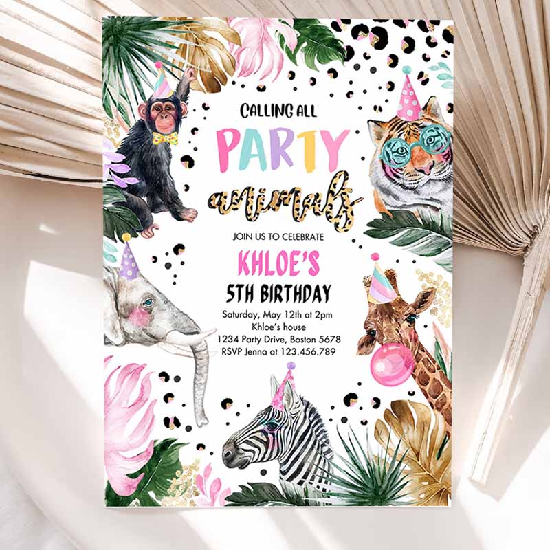 Animals Kids Birthday Invitation, Leopard Print Safari Animals Kids Birthday, Leopard Print Kids Birthday