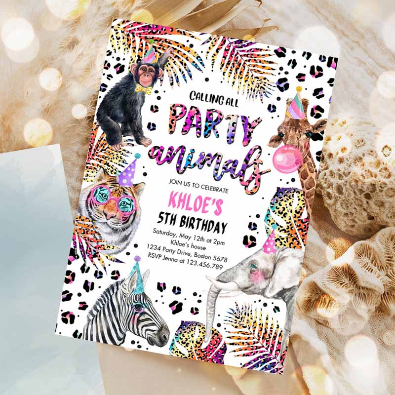 Animals Kids Birthday Invitation, Rainbow Cheetah Print Safari Animals Kids Birthday Party