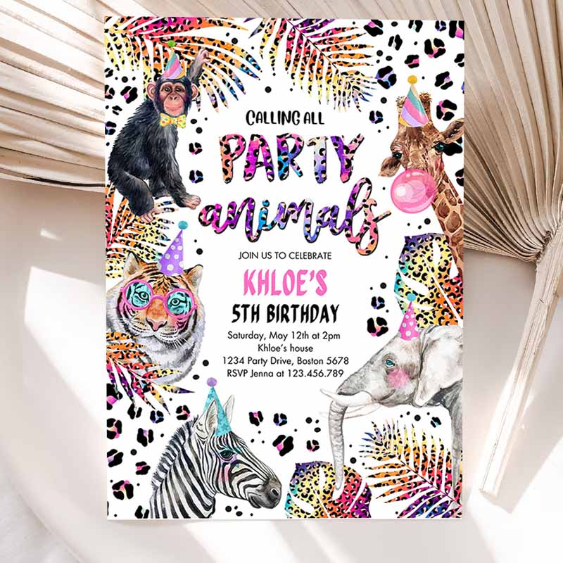 Animals Kids Birthday Invitation, Rainbow Cheetah Print Safari Animals Kids Birthday Party