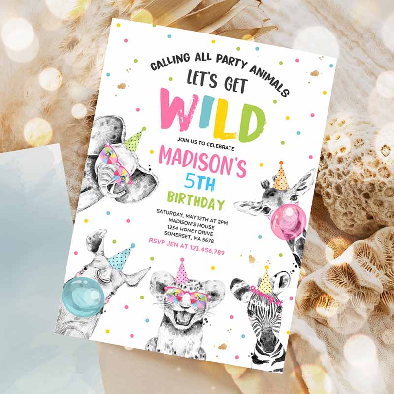 Animals Kids Birthday Invitation, Safari Animals Kids Birthday, Invite Girl SafarI'modern Monochrome Safari Party Invitation