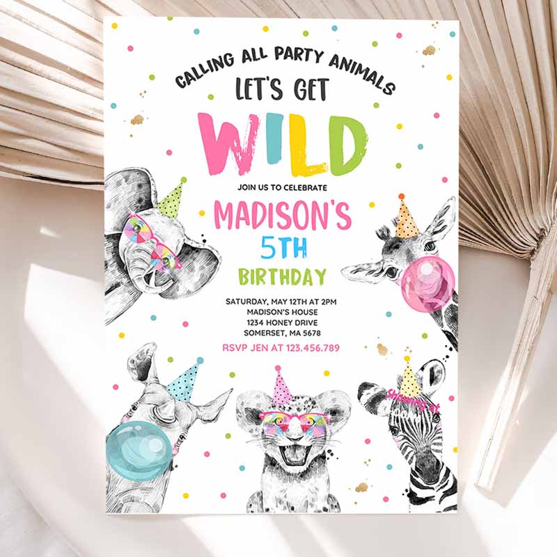 Animals Kids Birthday Invitation, Safari Animals Kids Birthday, Invite Girl SafarI'modern Monochrome Safari Party