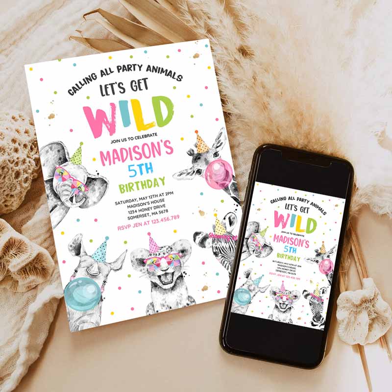 Animals Kids Birthday Invitation, Safari Animals Kids Birthday, Invite Girl SafarI'modern Monochrome Safari Party