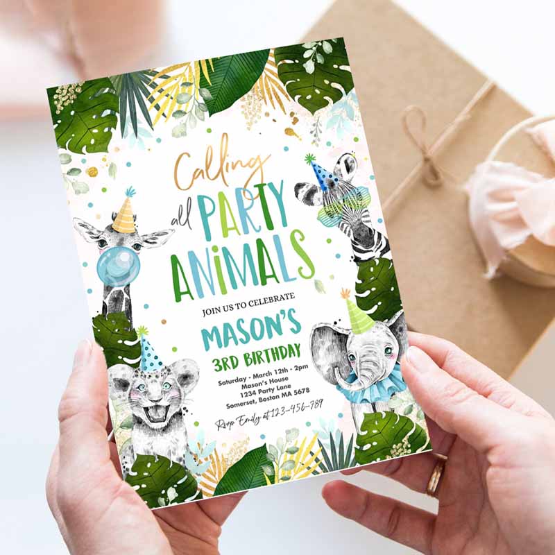 Animals Kids Birthday Invitation, Safari Animals Wild One Animals Invitation, Gold Monochrome Jungle Party