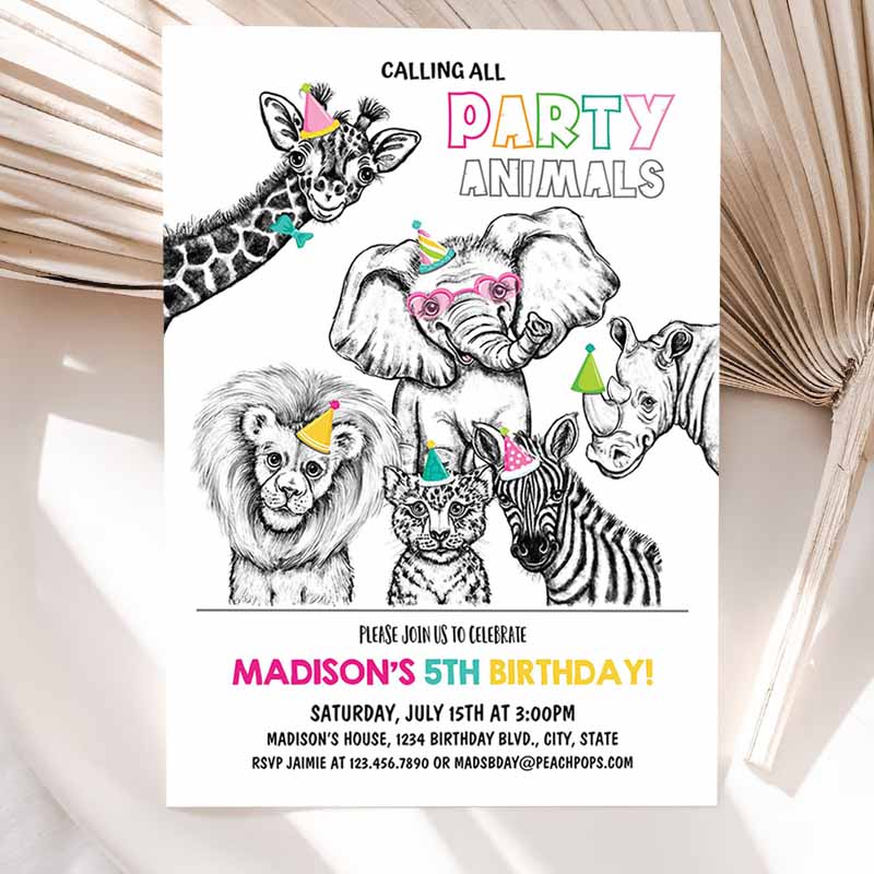 Animals Kids Birthday Invitation, Safari Wild Animals Zoo Boy Girl