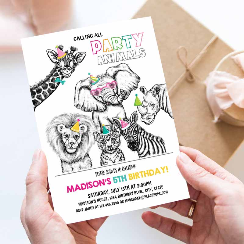 Animals Kids Birthday Invitation, Safari Wild Animals Zoo Boy Girl