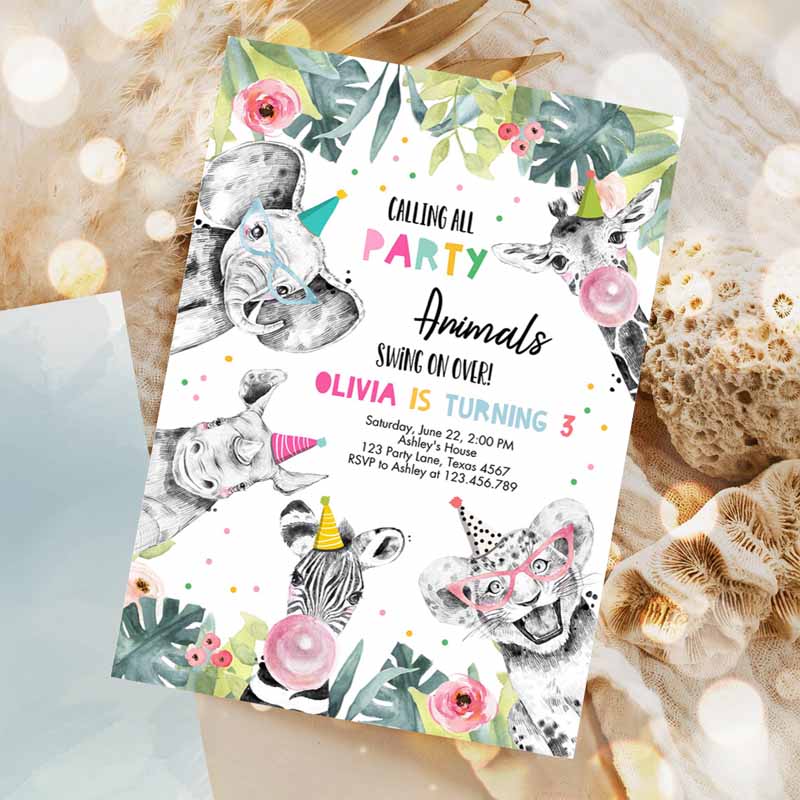 Animals Kids Birthday Invitation, Wild One Animals Invitation, Zoo Safari Animals Girl Party Invitation