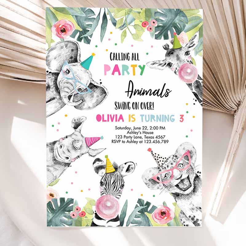 Animals Kids Birthday Invitation, Wild One Animals Invitation, Zoo Safari Animals Girl Party Invitation