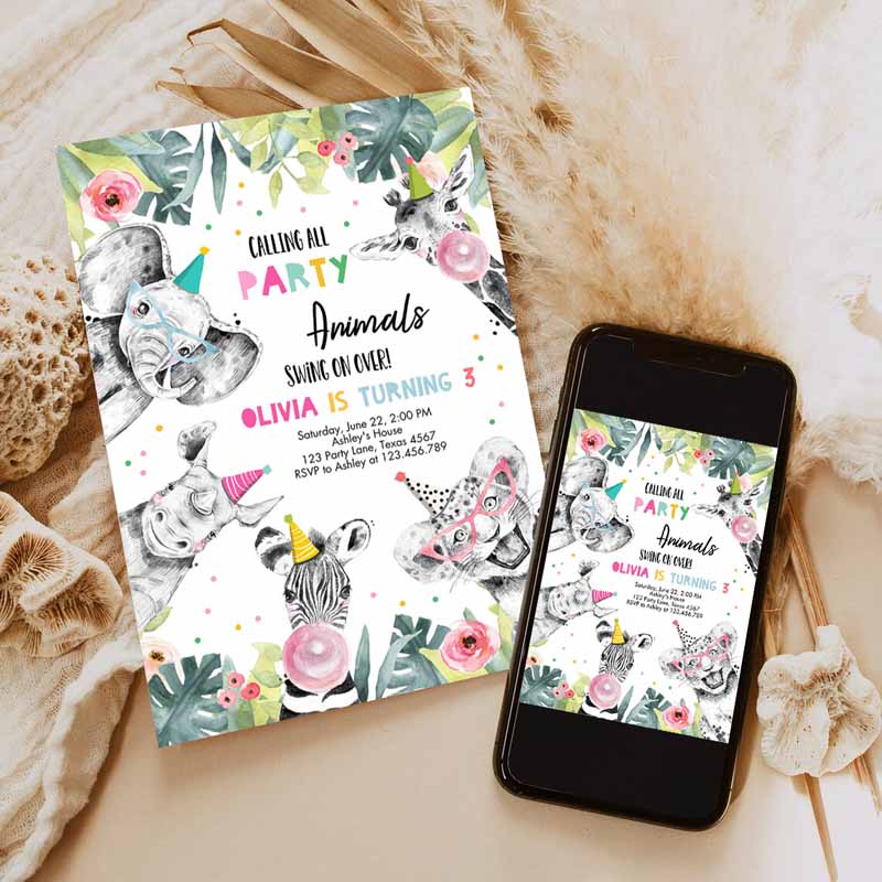 Animals Kids Birthday Invitation, Wild One Animals Invitation, Zoo Safari Animals Girl Party Invitation