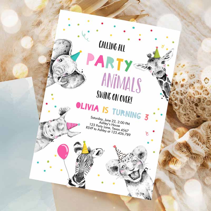 Animals Kids Birthday Invitation, Wild One Animals Invitation, Zoo Safari Animals Girl Party