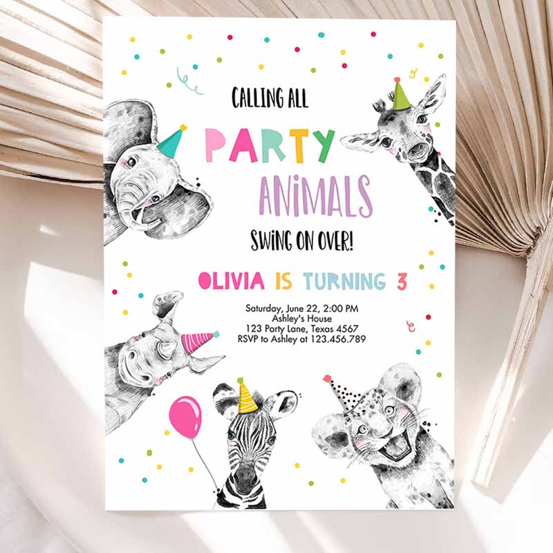 Animals Kids Birthday Invitation, Wild One Animals Invitation, Zoo Safari Animals Girl Party