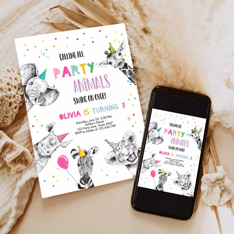 Animals Kids Birthday Invitation, Wild One Animals Invitation, Zoo Safari Animals Girl Party