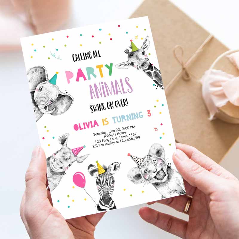 Animals Kids Birthday Invitation, Wild One Animals Invitation, Zoo Safari Animals Girl Party