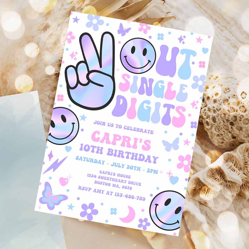 Peace Out Single Digits Kids Birthday, Holographic Groovy Kids Birthday, Hippie Double Digits Party