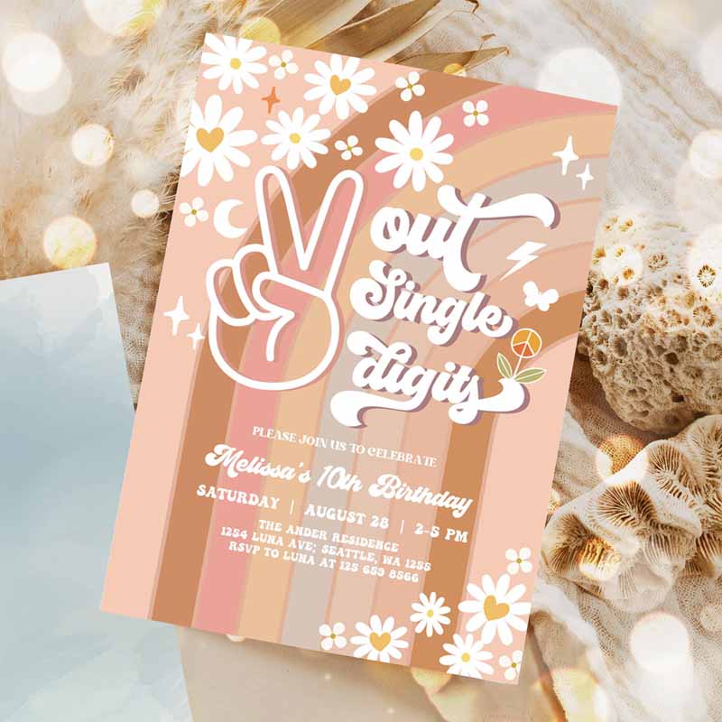 Peace Out Single Digits Fall Groovy Kids Birthday, Invite Daisy Rainbow Kids Birthday Invitation