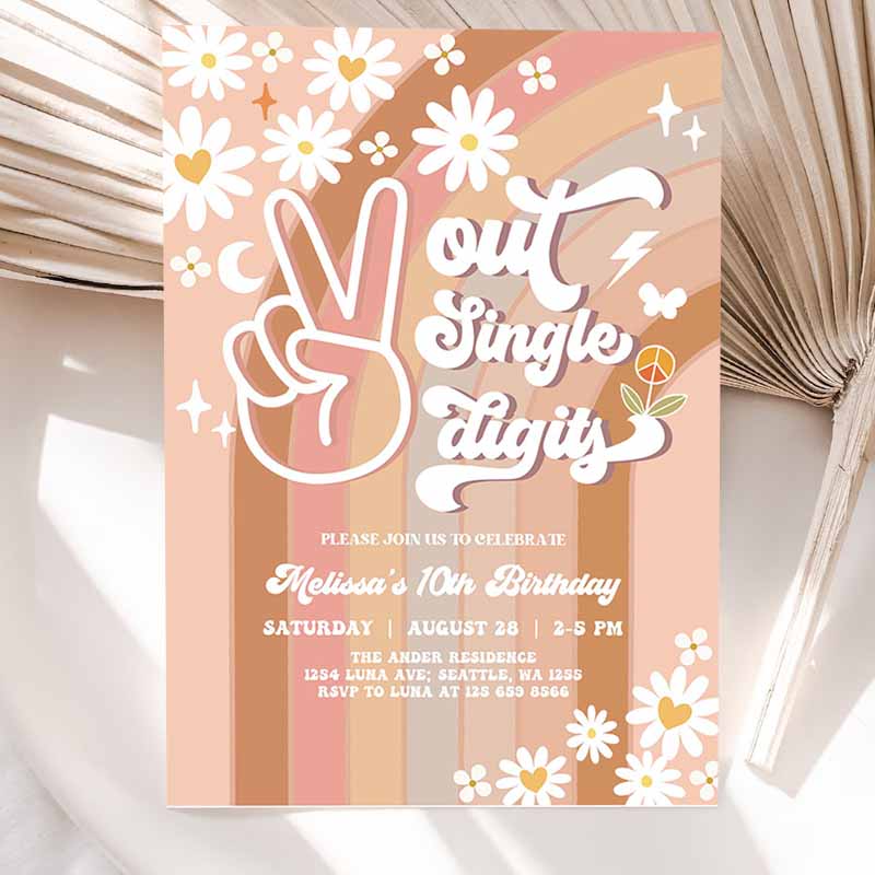 Peace Out Single Digits Fall Groovy Kids Birthday, Invite Daisy Rainbow Kids Birthday Invitation