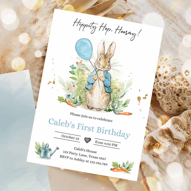 Peter Rabbit Kids Birthday Invitation, Boy Blue Rustic Peter Rabbit Kids Birthday, Invite Watercolor Invitation