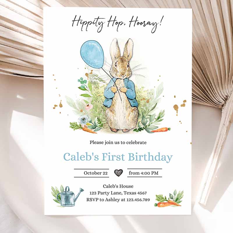 Peter Rabbit Kids Birthday Invitation, Boy Blue Rustic Peter Rabbit Kids Birthday, Invite Watercolor