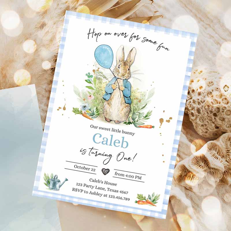 Peter Rabbit Kids Birthday Invitation, Boy Blue Rustic Peter Rabbit First Kids Birthday, Hop On Over Watercolor