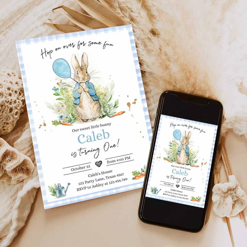 Peter Rabbit Kids Birthday Invitation, Boy Blue Rustic Peter Rabbit First Kids Birthday, Hop On Over Watercolor