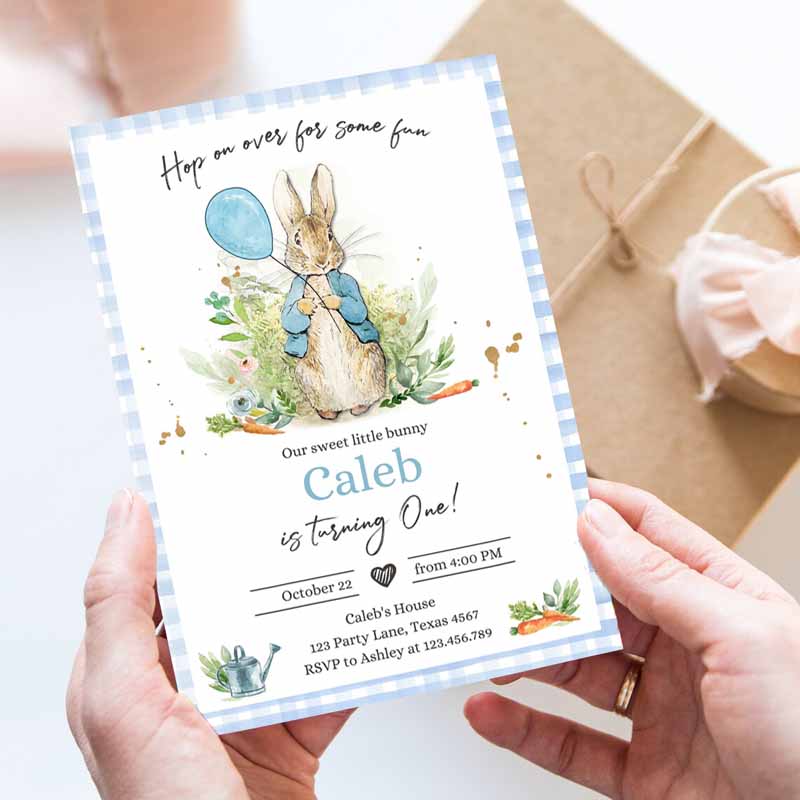 Peter Rabbit Kids Birthday Invitation, Boy Blue Rustic Peter Rabbit First Kids Birthday, Hop On Over Watercolor