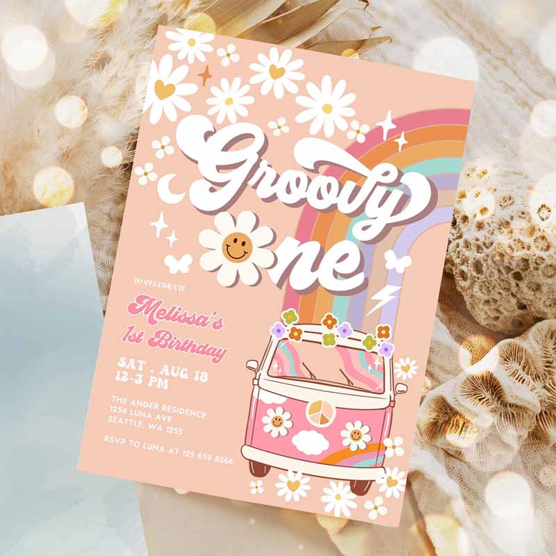 Pink Daisy Rainbow Groovy Van Groovy ONE Kids Birthday, Invite Retro Hippie Party Invitation