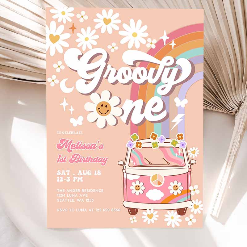 Pink Daisy Rainbow Groovy Van Groovy ONE Kids Birthday, Invite Retro Hippie Party Invitation