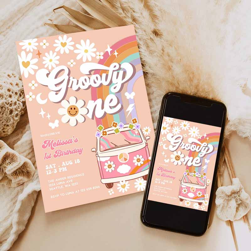 Pink Daisy Rainbow Groovy Van Groovy ONE Kids Birthday, Invite Retro Hippie Party Invitation