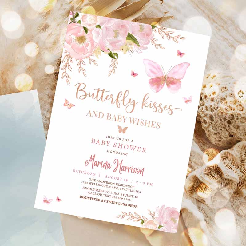 Pink Rose Gold Butterfly Kisses and Baby Wishes Baby Shower Sprinkle Invitation