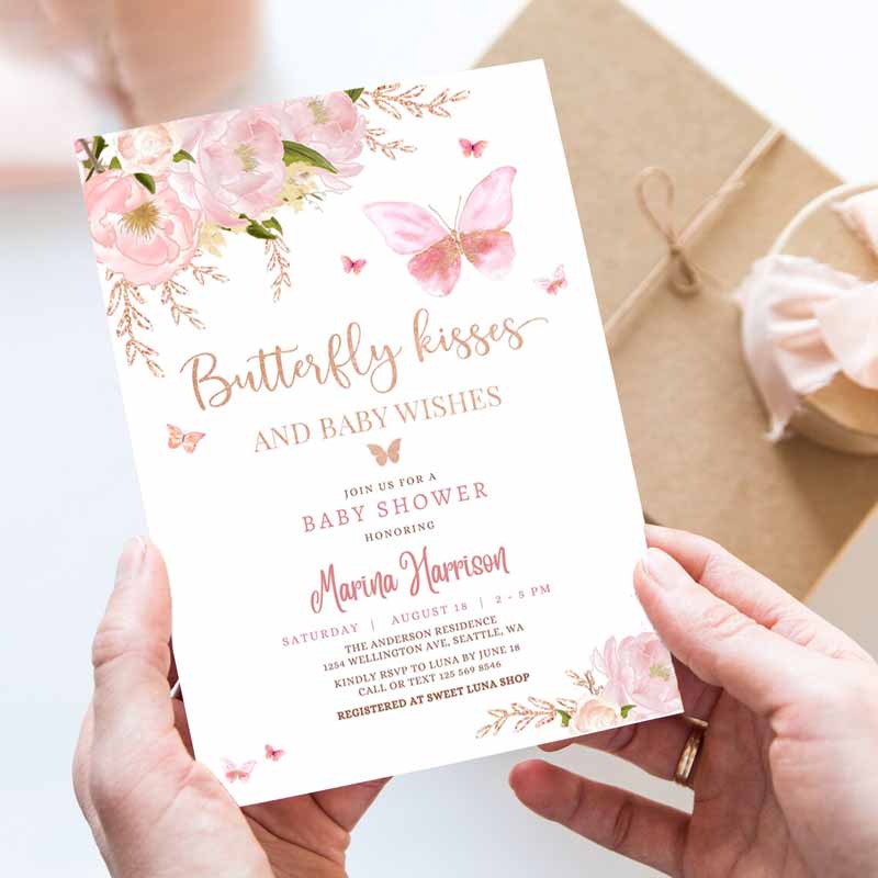 Pink Rose Gold Butterfly Kisses and Baby Wishes Baby Shower Sprinkle Invitation