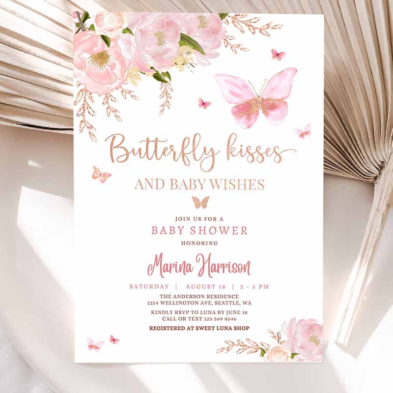 Pink Rose Gold Butterfly Kisses and Baby Wishes Baby Shower Sprinkle Invitation