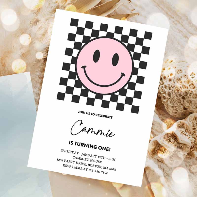 Pink Smiley Face Kids Birthday Invitation, One Happy Girl Kids Birthday, Happy Face Kids Birthday, Hipster Kids Birthday Invitation