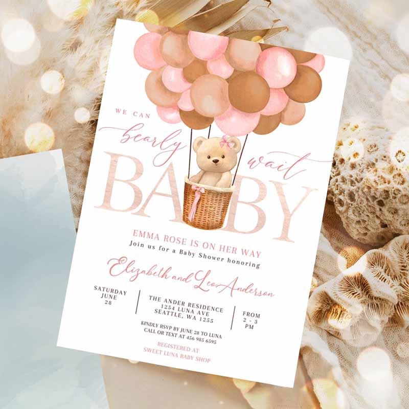 Pink Tan Girl Teddy Bear Hot Air Balloon Bear Baby Shower Invitation, We Can Bearly Wait