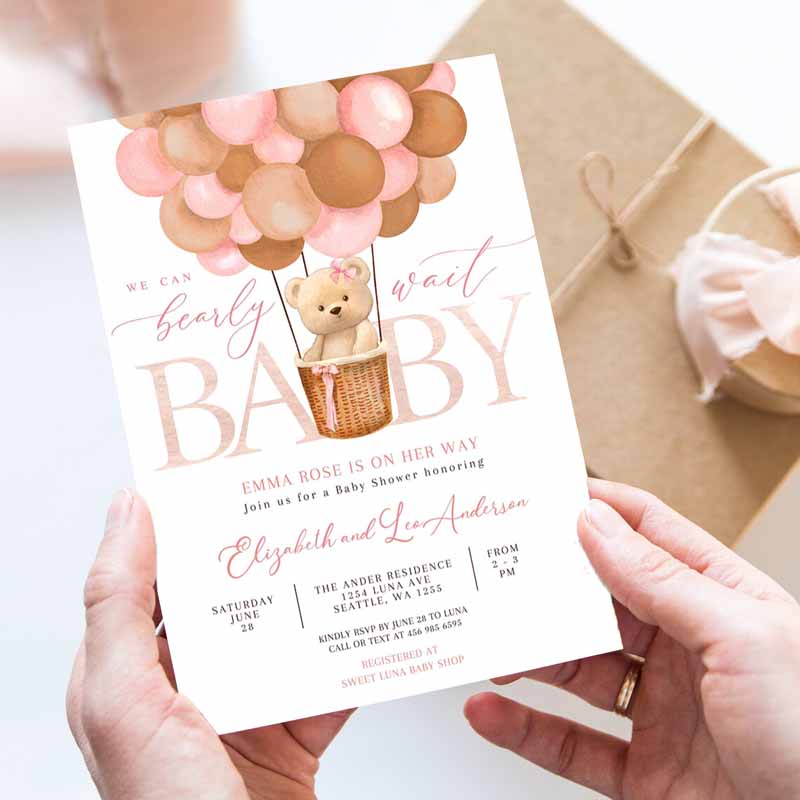 Pink Tan Girl Teddy Bear Hot Air Balloon Bear Baby Shower Invitation, We Can Bearly Wait