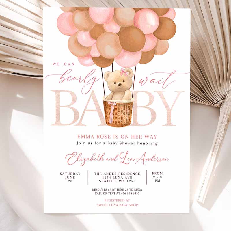 Pink Tan Girl Teddy Bear Hot Air Balloon Bear Baby Shower Invitation, We Can Bearly Wait