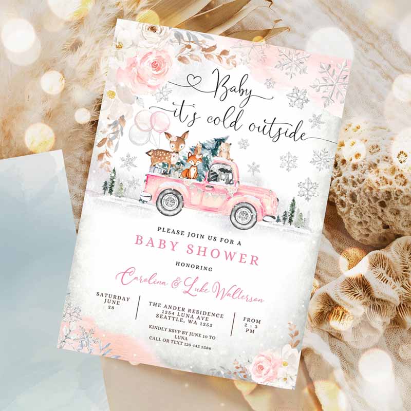 Pink Winter Woodland Deer Bear Baby Shower Invitation, Girl Blush Truck Baby It's Cold Outside