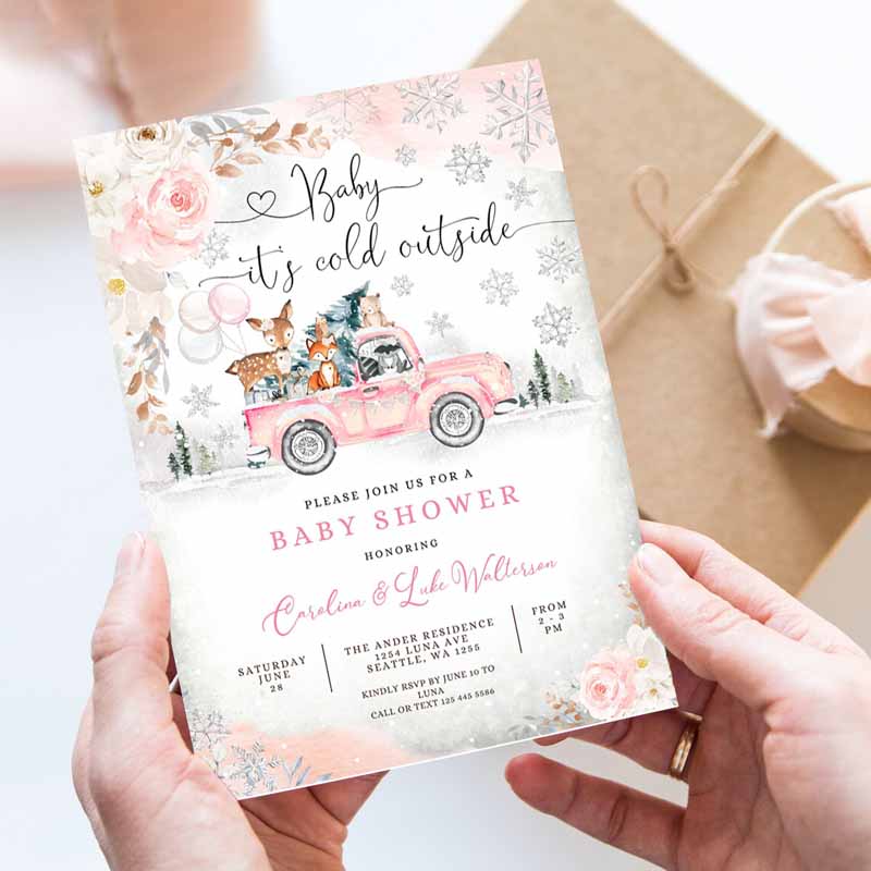 Pink Winter Woodland Deer Bear Baby Shower Invitation, Girl Blush Truck Baby It's Cold Outside