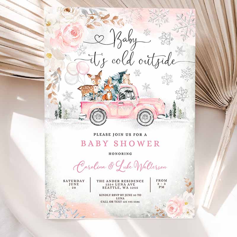 Pink Winter Woodland Deer Bear Baby Shower Invitation, Girl Blush Truck Baby It's Cold Outside