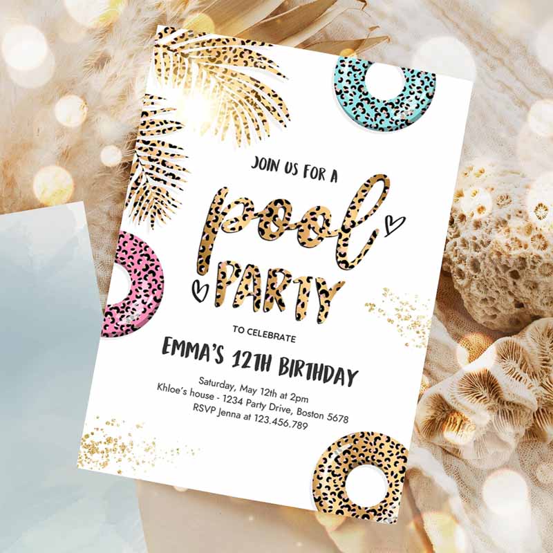 Pool Party Invitation, Girly Leopard Print Pool Kids Birthday, Summer SwI'ming Pool Kids Birthday