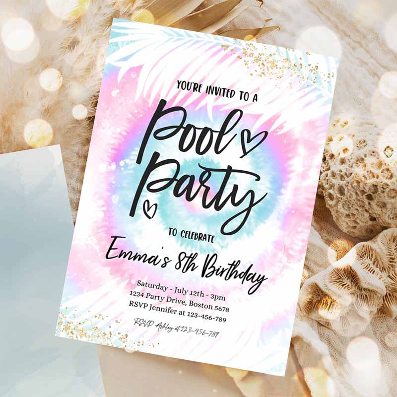 Pool Party Invitation, Girly Pink & Blue Tie Dye Pool Party Invitation, Pool Kids Birthday, Summer SwI'ming Pool Party