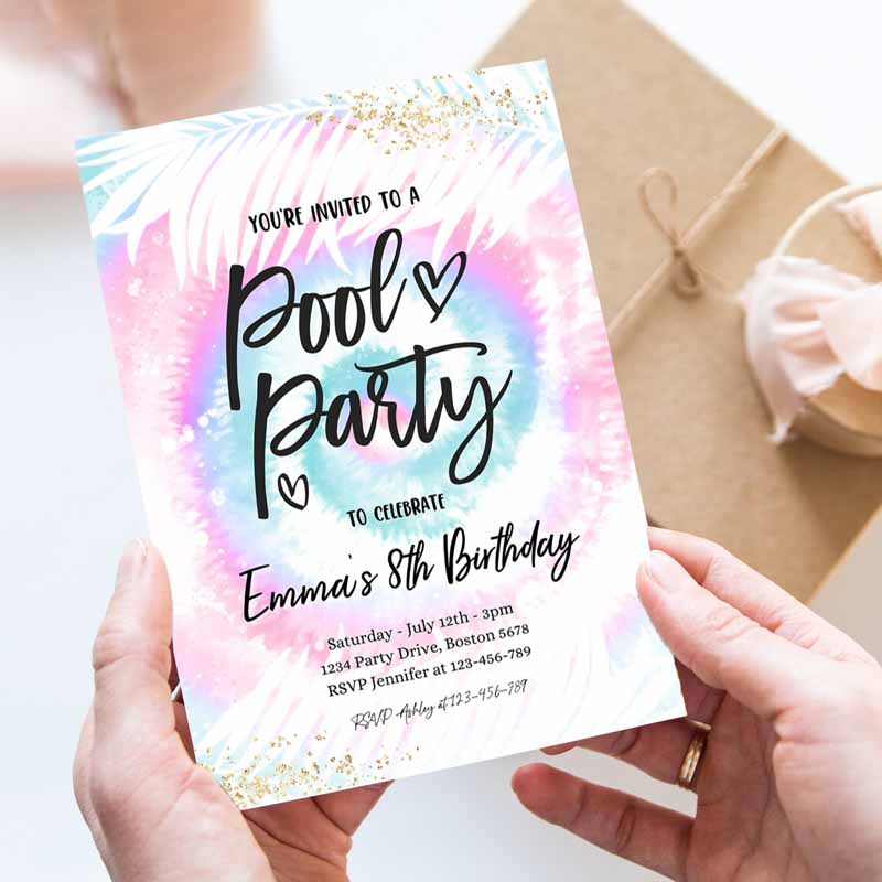 Pool Party Invitation, Girly Pink & Blue Tie Dye Pool Party Invitation, Pool Kids Birthday, Summer SwI'ming Pool Party