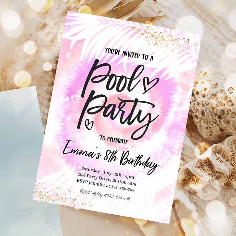 Pool Party Invitation, Girly Pink & Purple Tie Dye Pool Party, Invite Pool Kids Birthday, Summer SwI'ming Pool Party Invitation