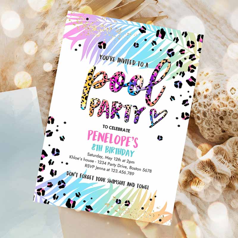 Pool Party Invitation, Girly Rainbow Cheetah Print Pool Kids Birthday Party, Summer Pool Party, Bash Kids Birthday